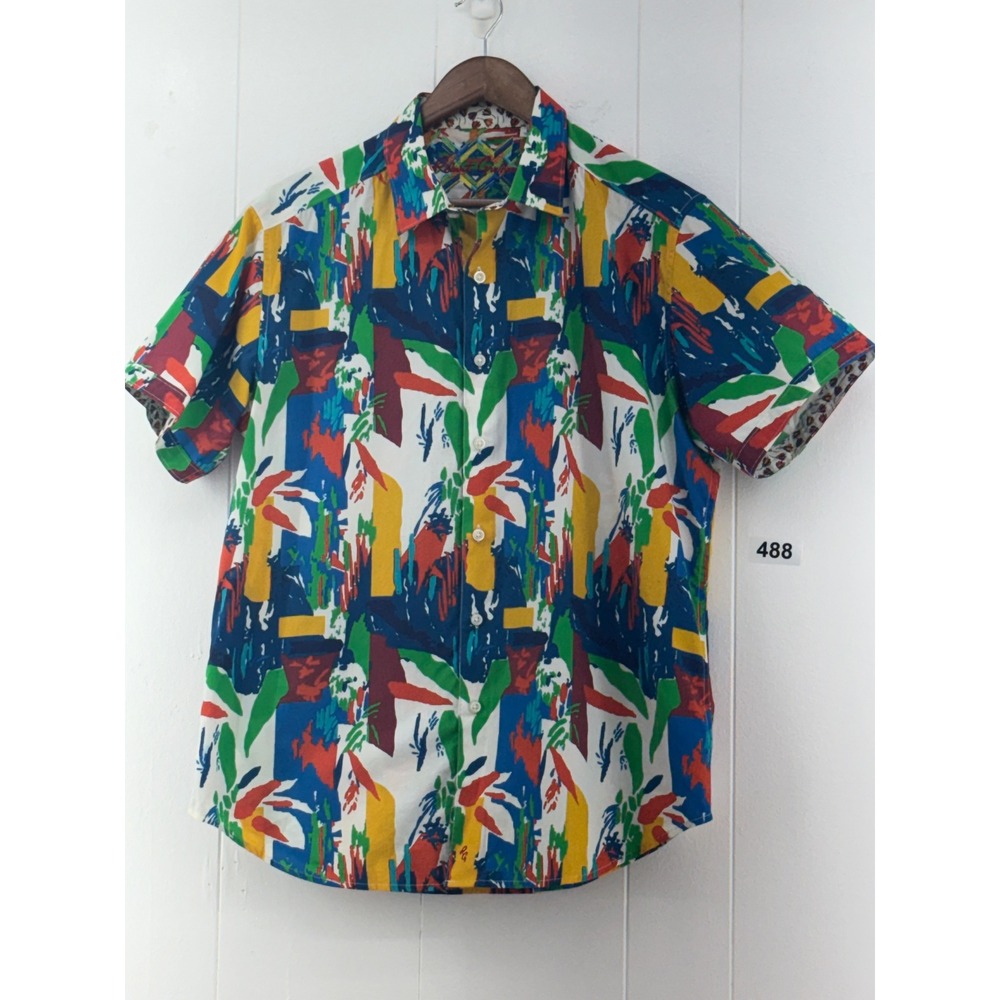 Robert Graham Mens Classic Fit Abstract Multi Color Cotton Short Sleeve Shirt L
